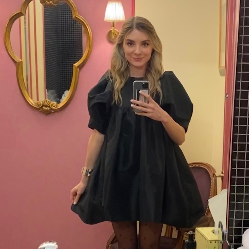 Kika Vargas black babydoll dress with puff sleeves
